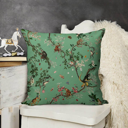 Monkey World Green Linen Throw Pillow Cover