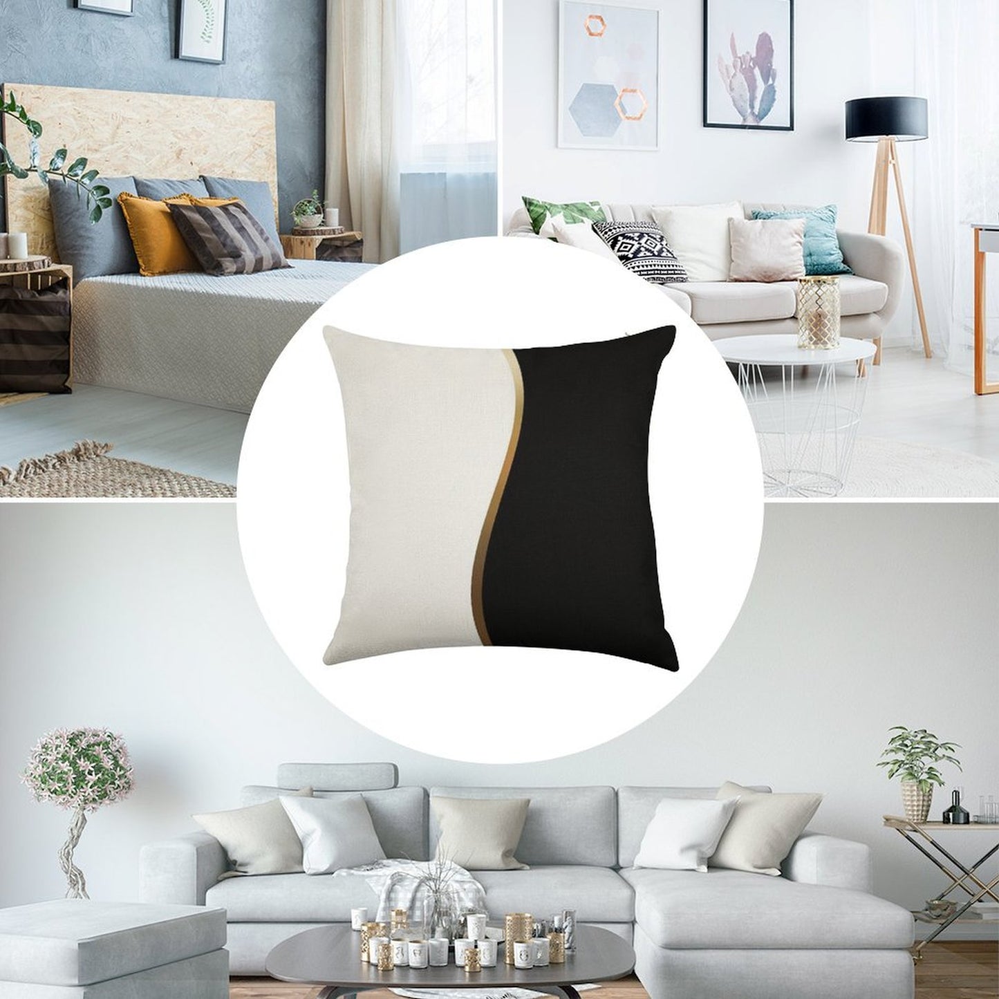 Black And White, Gold Wave Linen Throw Pillow Cover