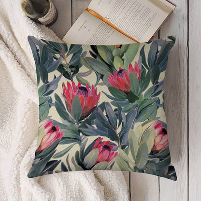 Painted Protea Pattern Linen Throw Pillow Cover
