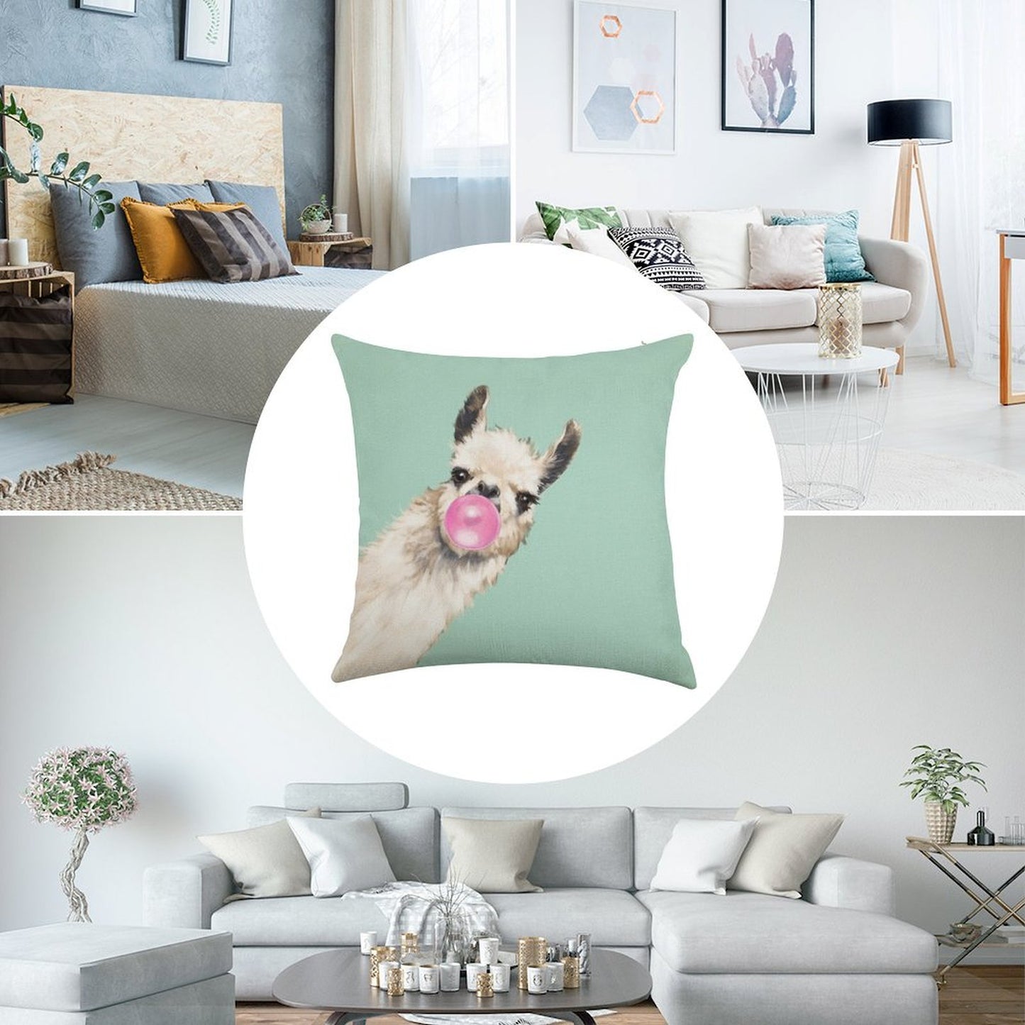 Bubble Gum Sneaky Llama in Green Linen Throw Pillow Cover