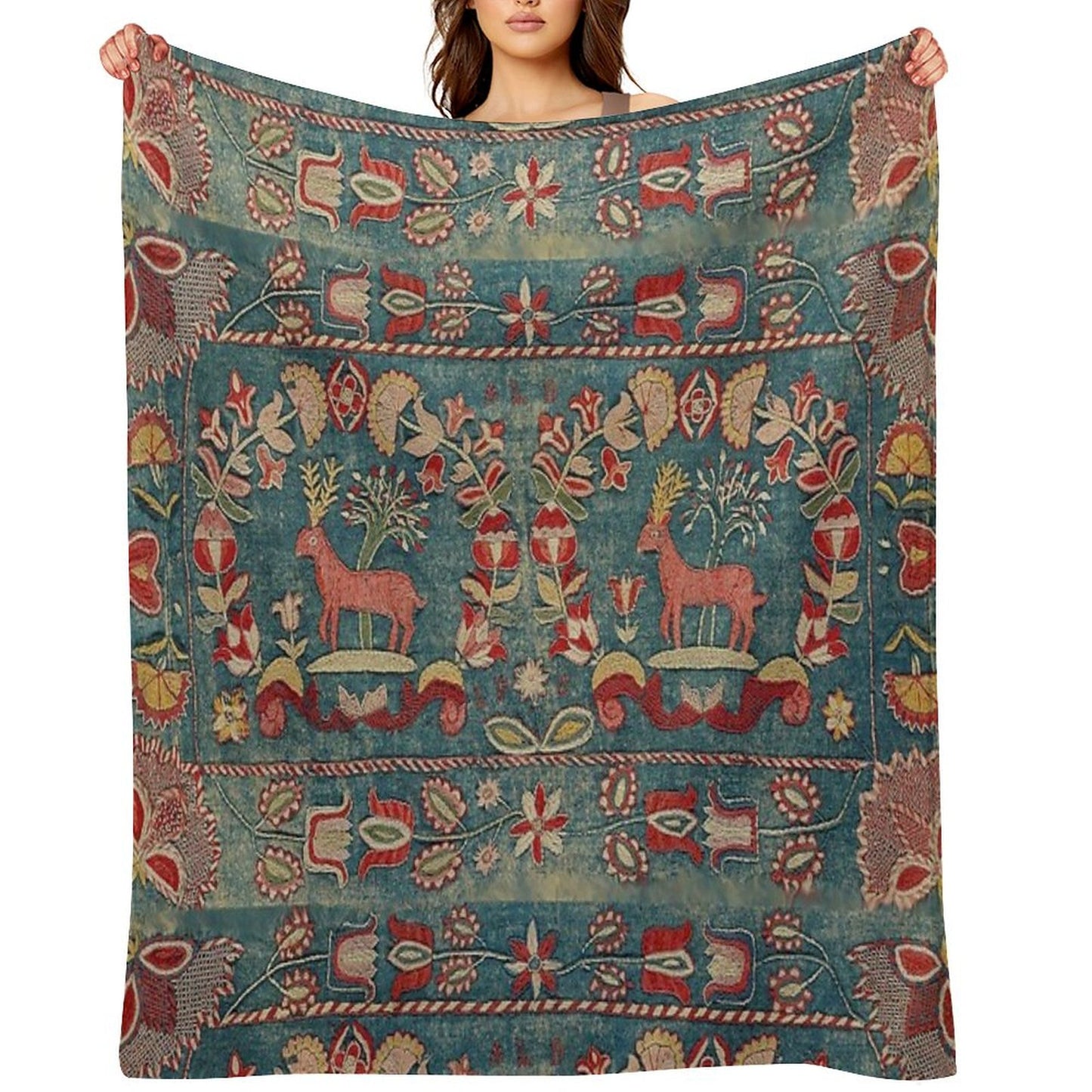 ANTIQUE  RED BLUE SWEDISH TAPESTRY WITH DEERS AND FLOWERS Throw Blanket