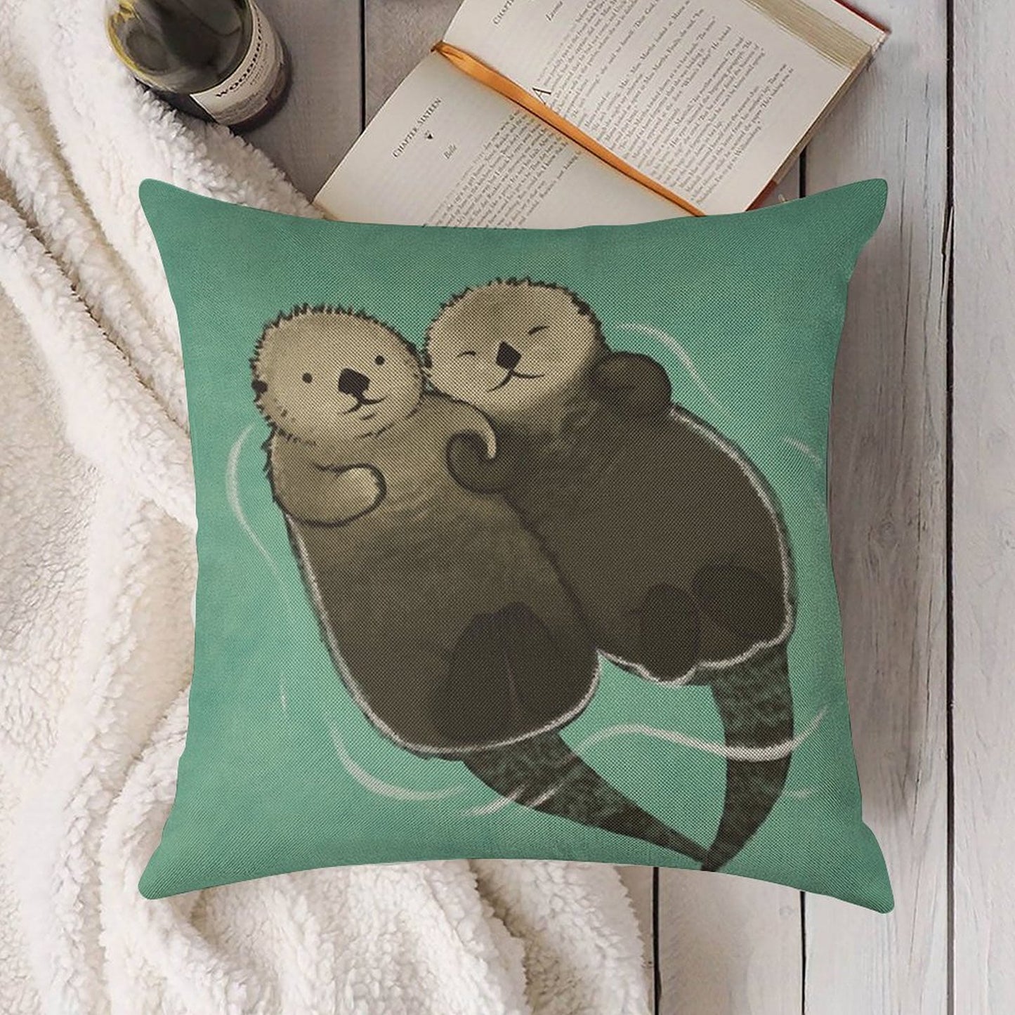 Significant Otters - Otters Holding Hands Linen Throw Pillow Cover