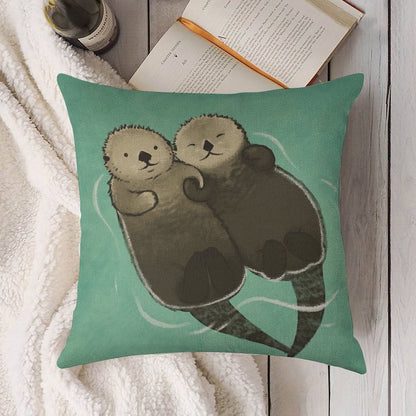 Significant Otters - Otters Holding Hands Linen Throw Pillow Cover