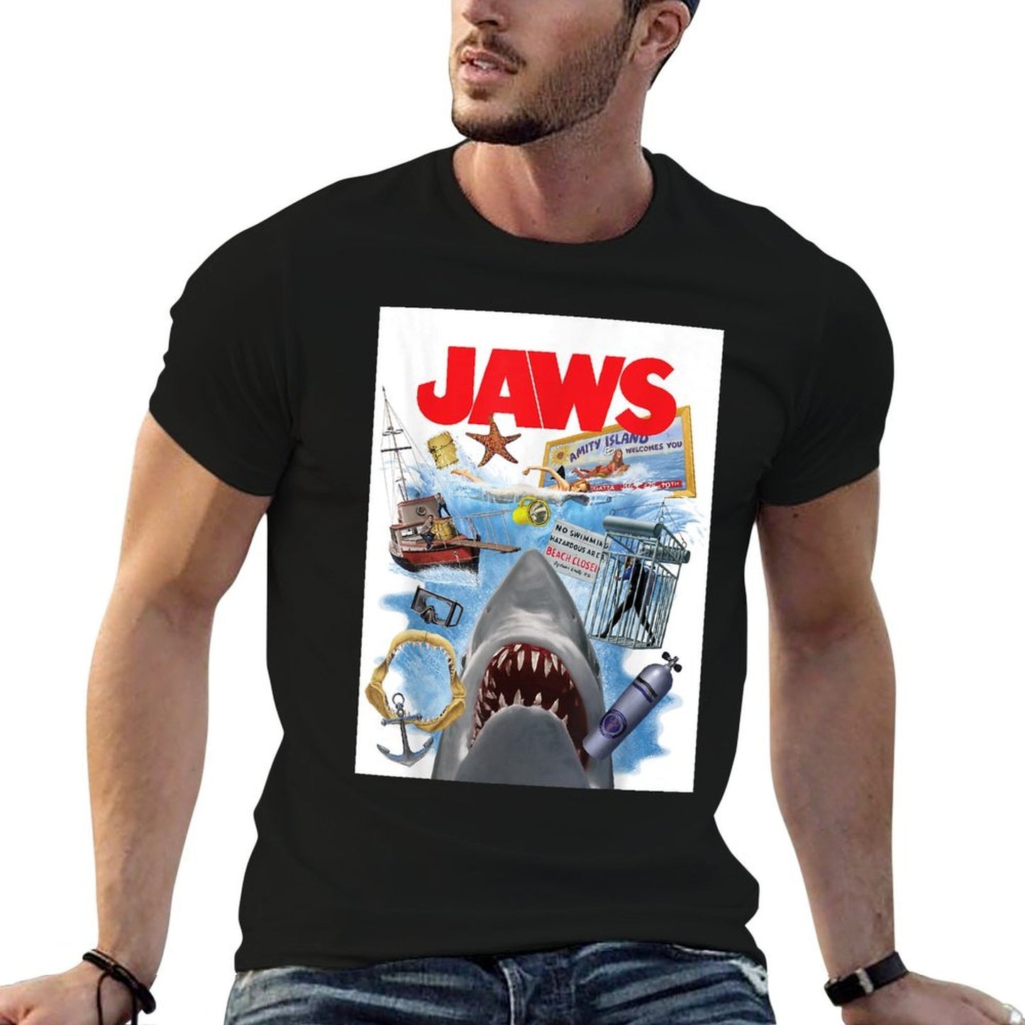 Jaws 50th Anniversary Poster Amity Island Collage 2-Sided  Cotton T-Shirt