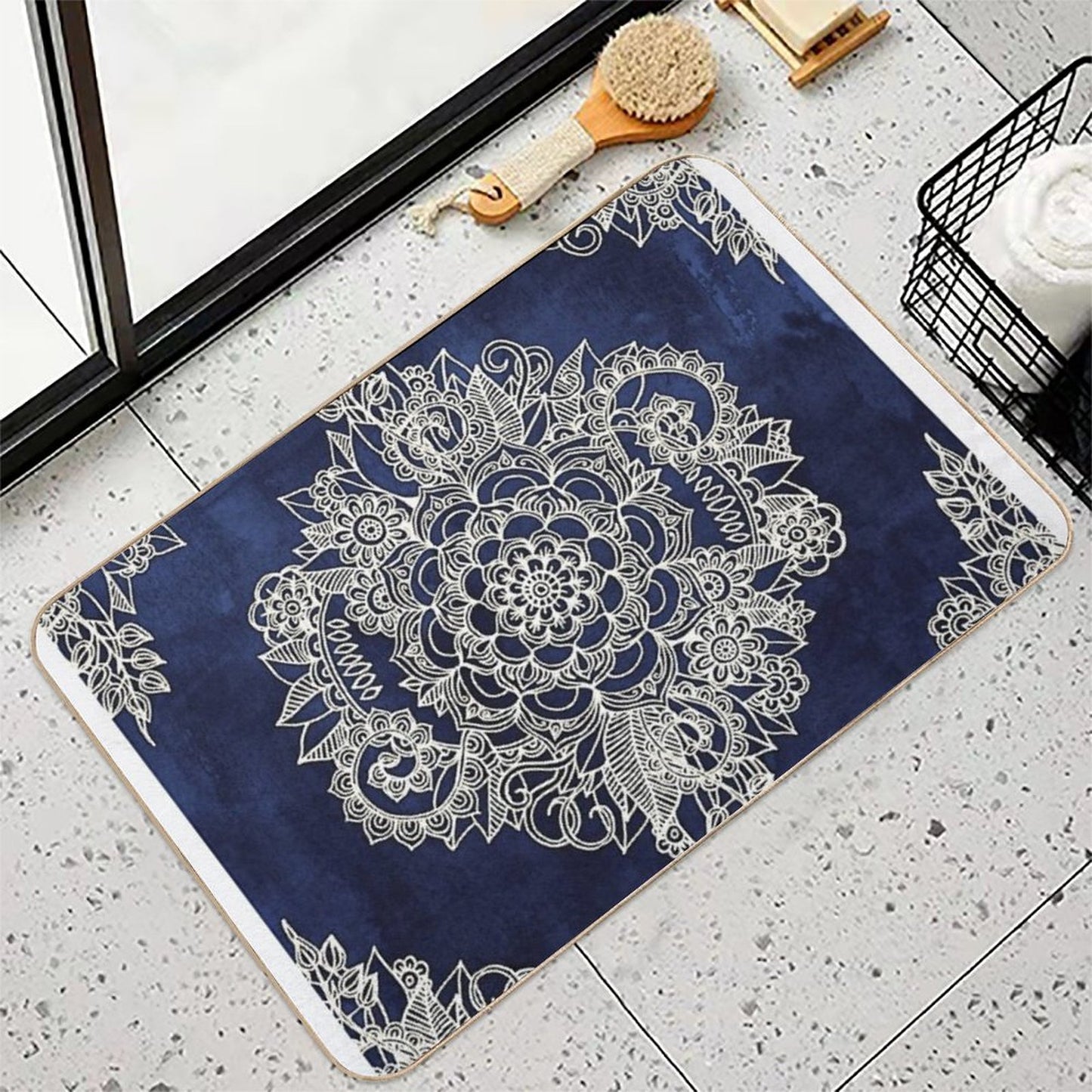 Cream Floral Moroccan Pattern on Deep Indigo Ink Bath Mat