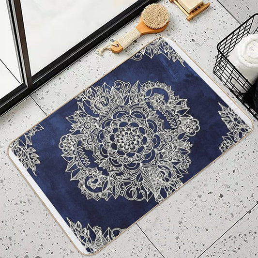 Cream Floral Moroccan Pattern on Deep Indigo Ink Bath Mat