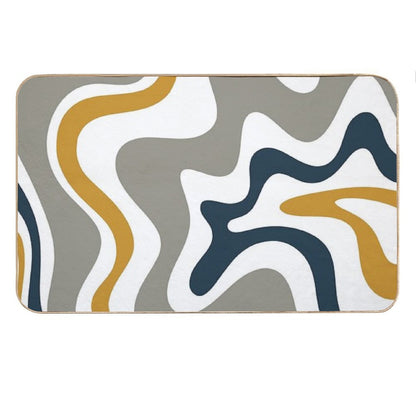 Liquid Swirl Contemporary Abstract in Mustard Yellow, Navy Blue, Grey, And White Bath Mat
