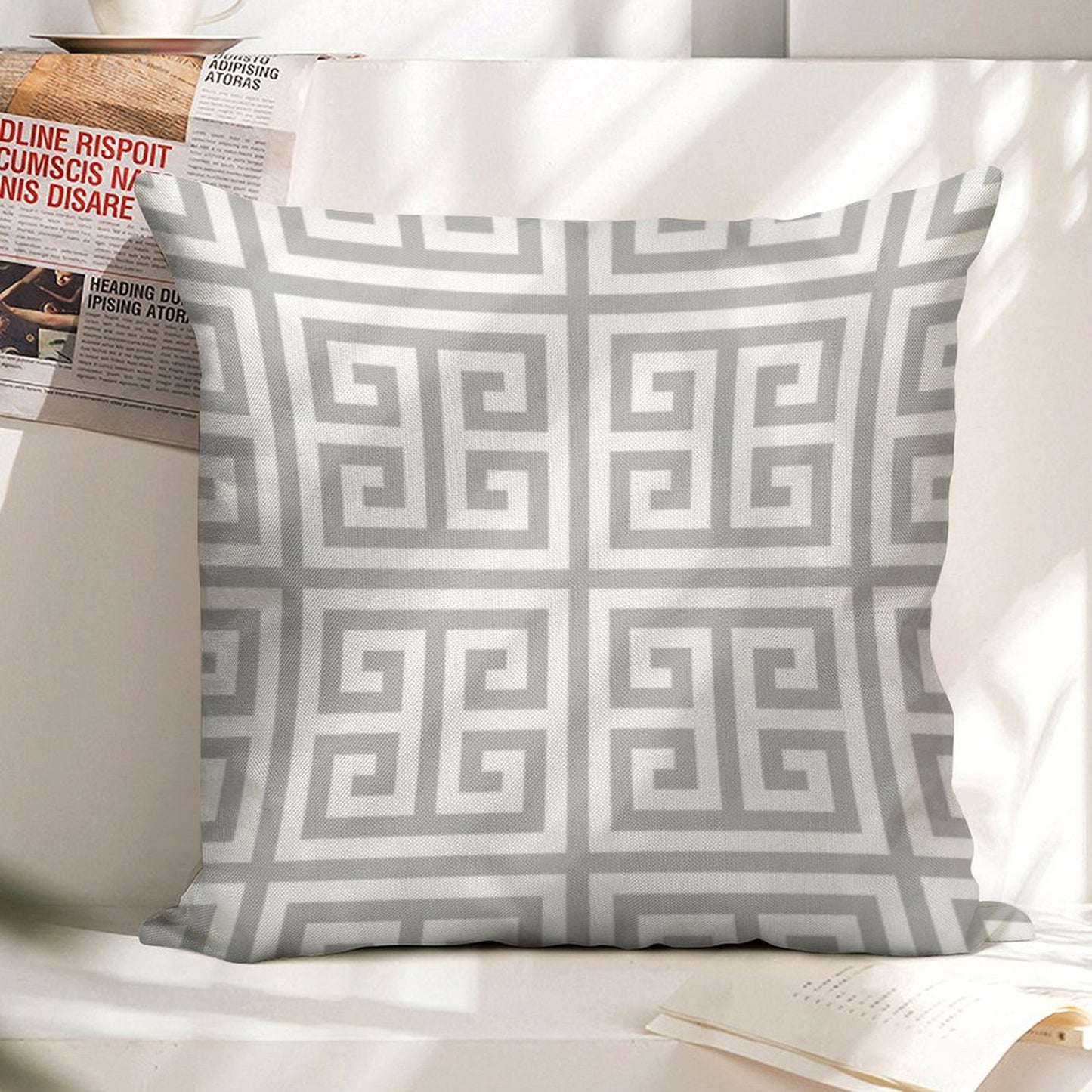Greek Key Silver Gray And White Pattern Linen Throw Pillow Cover