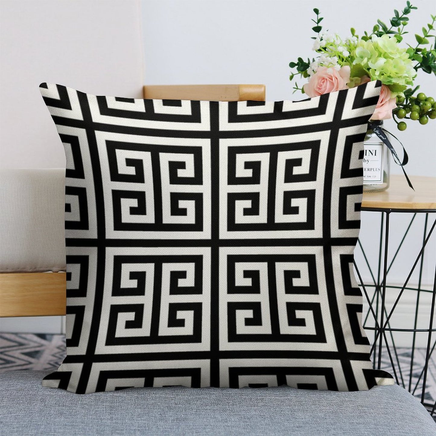 Greek Key Black And White Pattern Linen Throw Pillow Cover