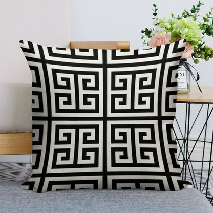 Greek Key Black And White Pattern Linen Throw Pillow Cover