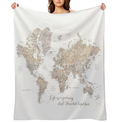 Life Is A Jouney Best Travelled Together, World Map, Abey Throw Blanket