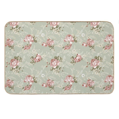 Vintage Blush Roses - Sage Green Background Bath Mat