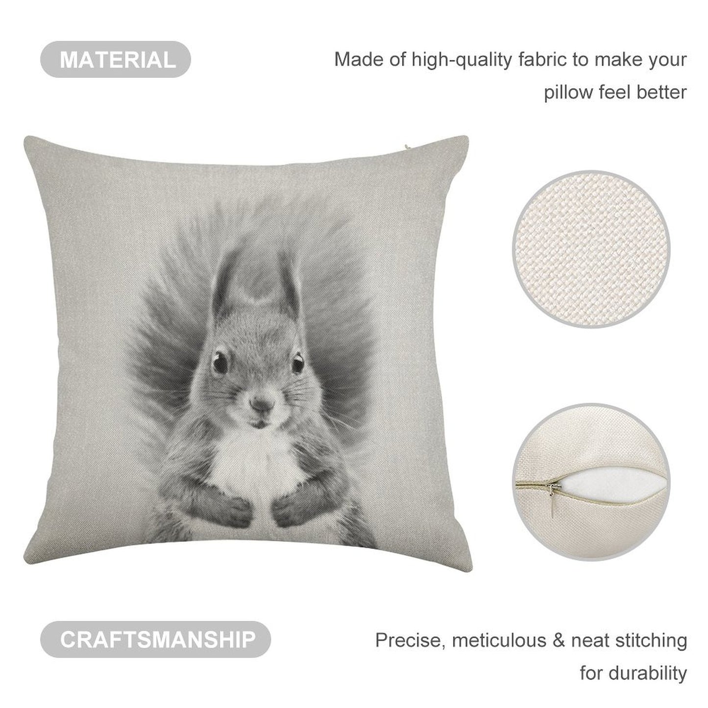 Squirrel 2 - Black & White Linen Throw Pillow Cover