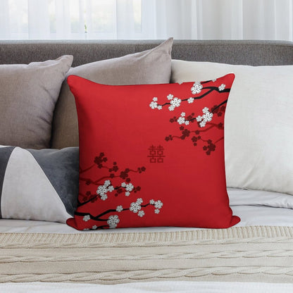 White Oriental Cherry Blossoms on Red And Chinese Wedding Double Happiness  Japanese Sakura © Fatfatin Soft Luxury Feel Throw Pillow