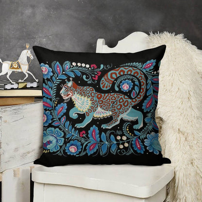 Snow Leopard Folk Art Linen Throw Pillow Cover