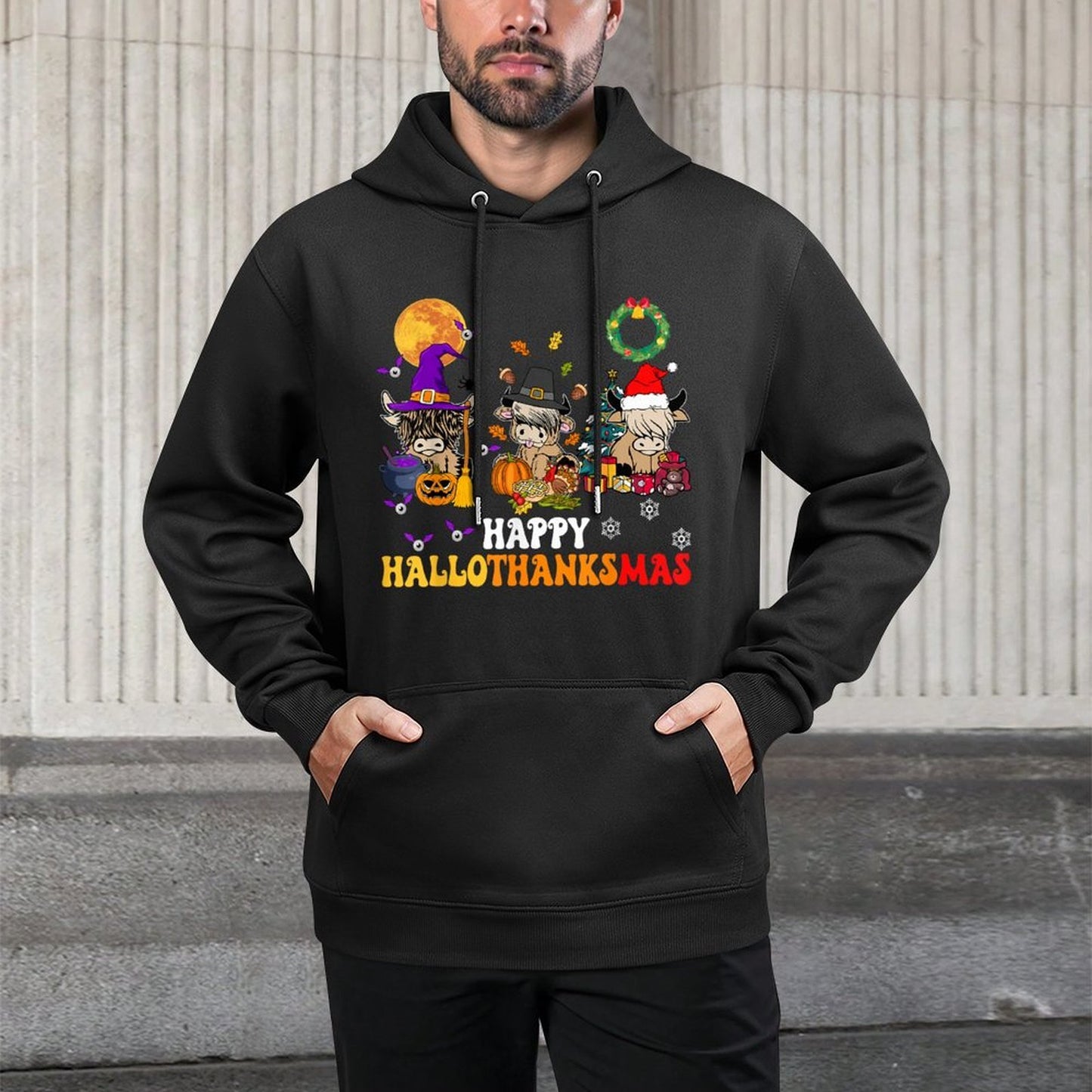 Hallothanksmas Highland Cow Halloween Christmas Thanksgiving Shape Retention Hoodie
