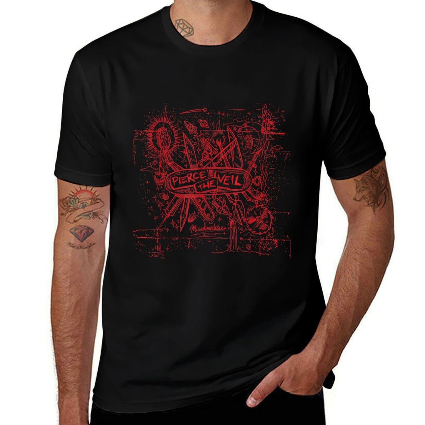 Pierce The Veil - Misadventures Cover in Red Print  Heathered Texture T-Shirt
