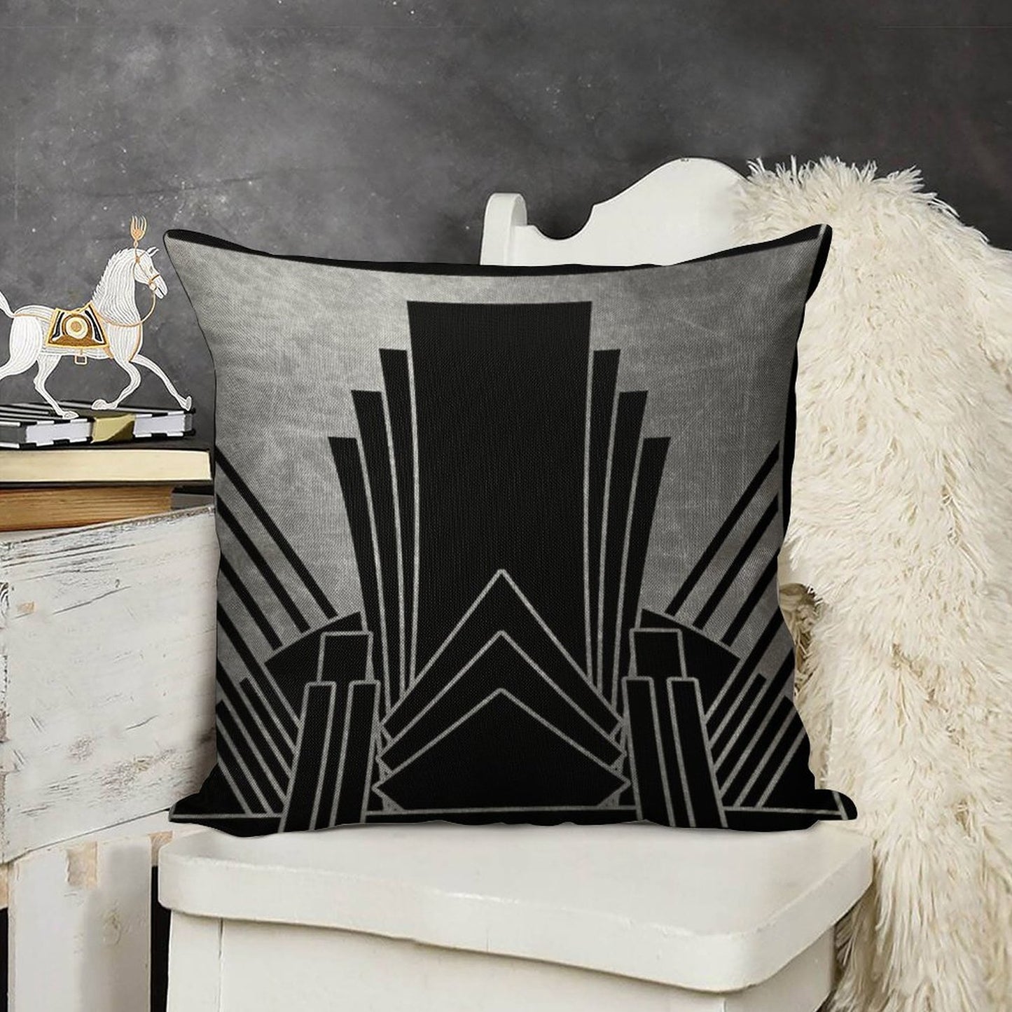 Silver Art Deco Design Linen Throw Pillow Cover