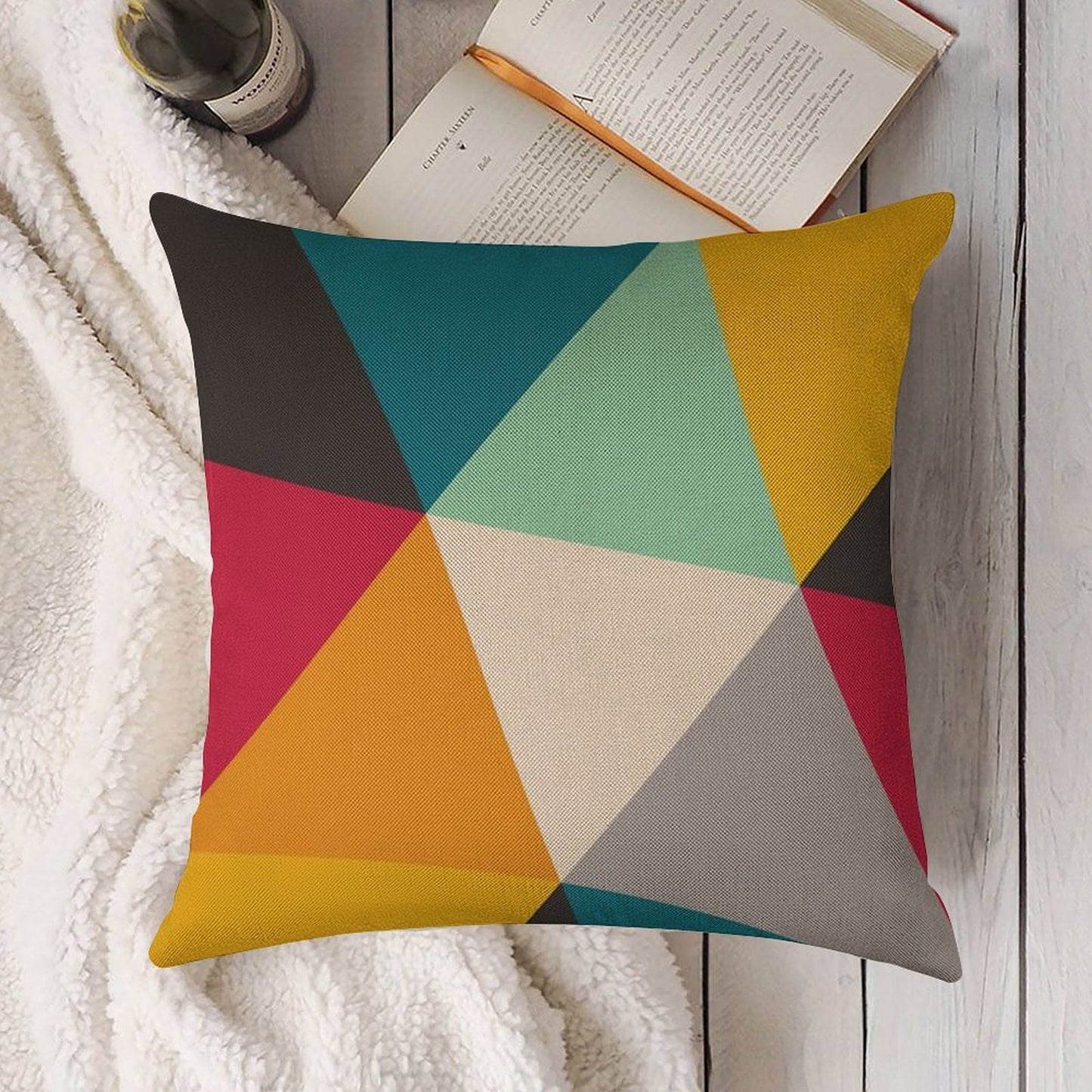Colourful Geometric Triangles Linen Throw Pillow Cover