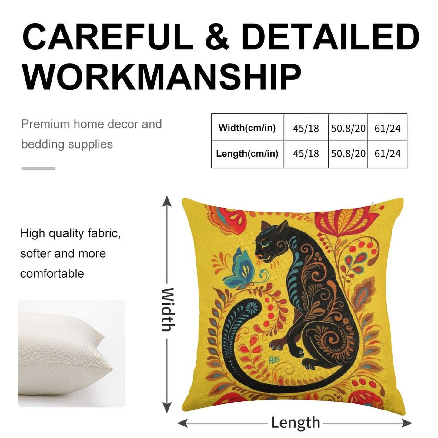 Panther & Butterfly Folk Art Linen Throw Pillow Cover