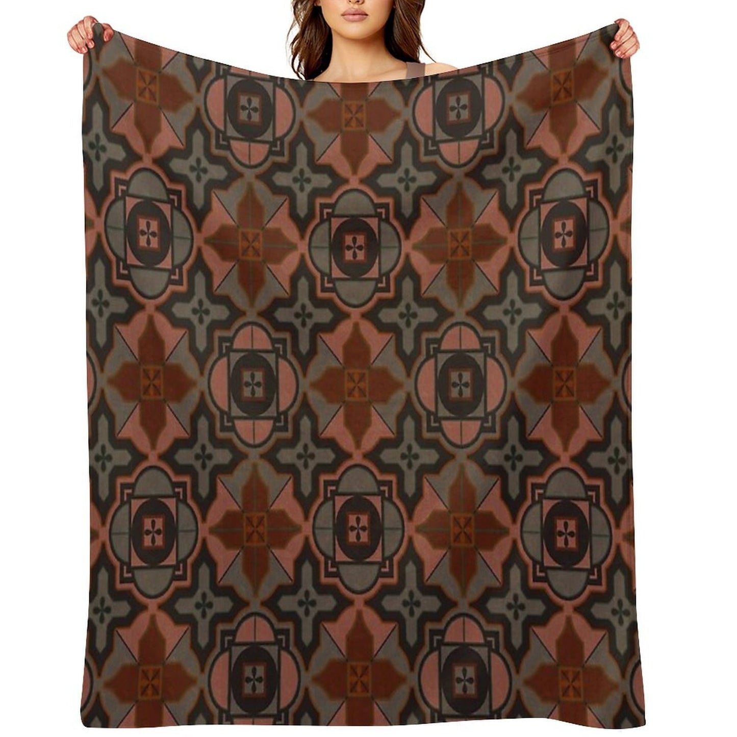 Muted Gray Acorn Brown Arabesque Style Tile Pattern Throw Blanket