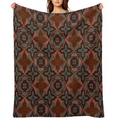 Muted Gray Acorn Brown Arabesque Style Tile Pattern Throw Blanket