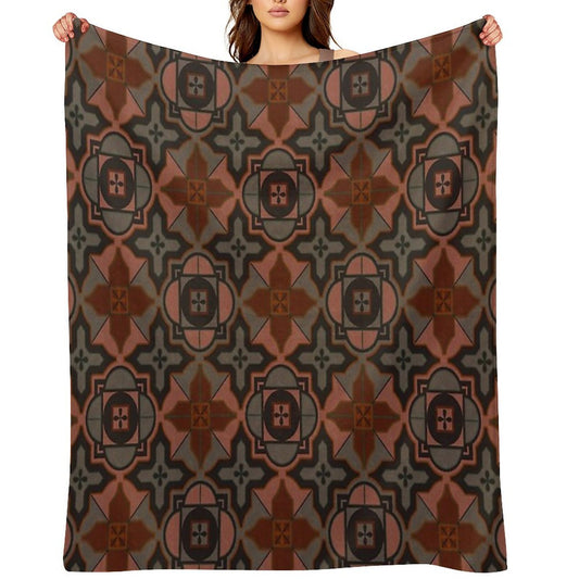 Muted Gray Acorn Brown Arabesque Style Tile Pattern Throw Blanket