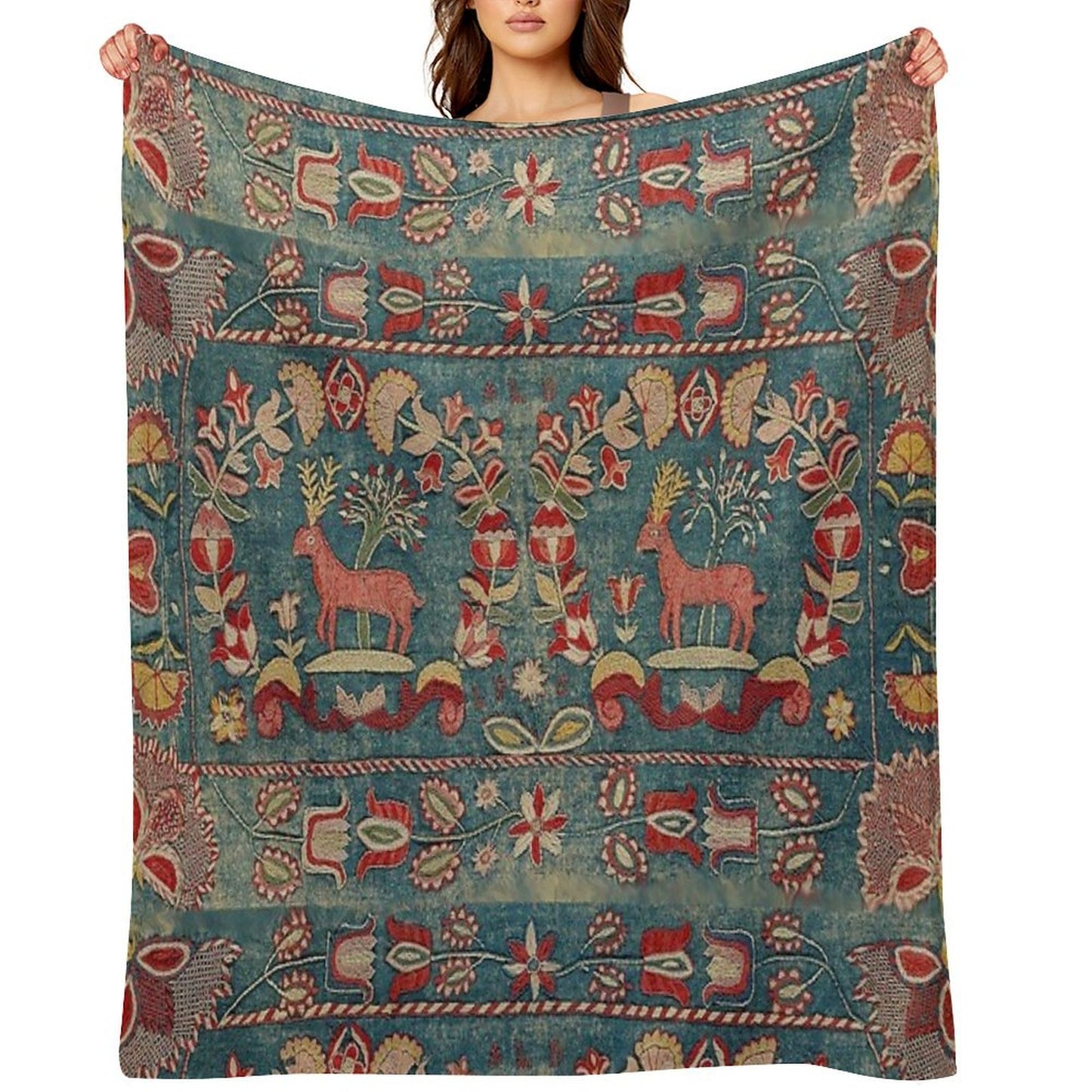 ANTIQUE  RED BLUE SWEDISH TAPESTRY WITH DEERS AND FLOWERS Throw Blanket