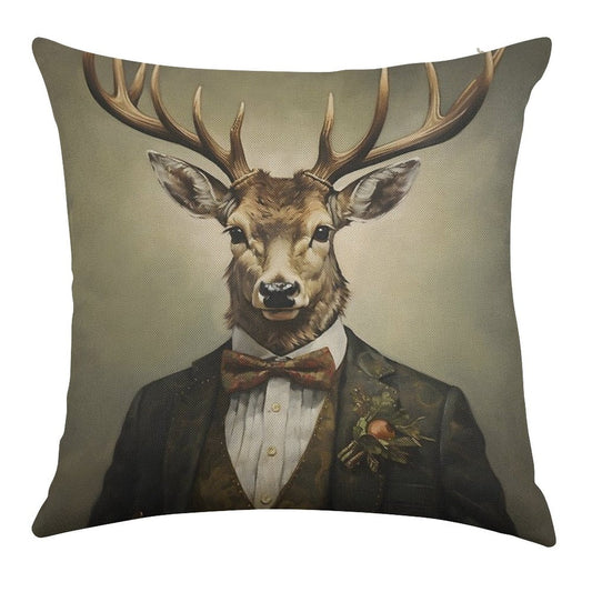 Dapper Deer Portrait Art Linen Throw Pillow Cover