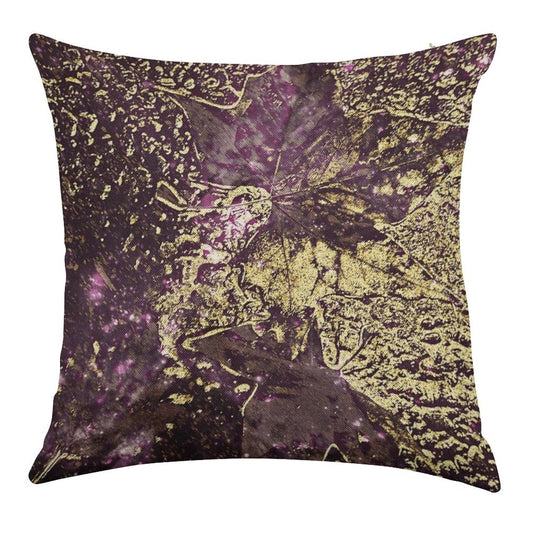 Two Purple Leaves in Melted Gold Linen Throw Pillow Cover