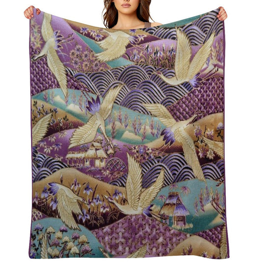 Japanese Crane Kimono Style Embroidered Pattern Throw Blanket