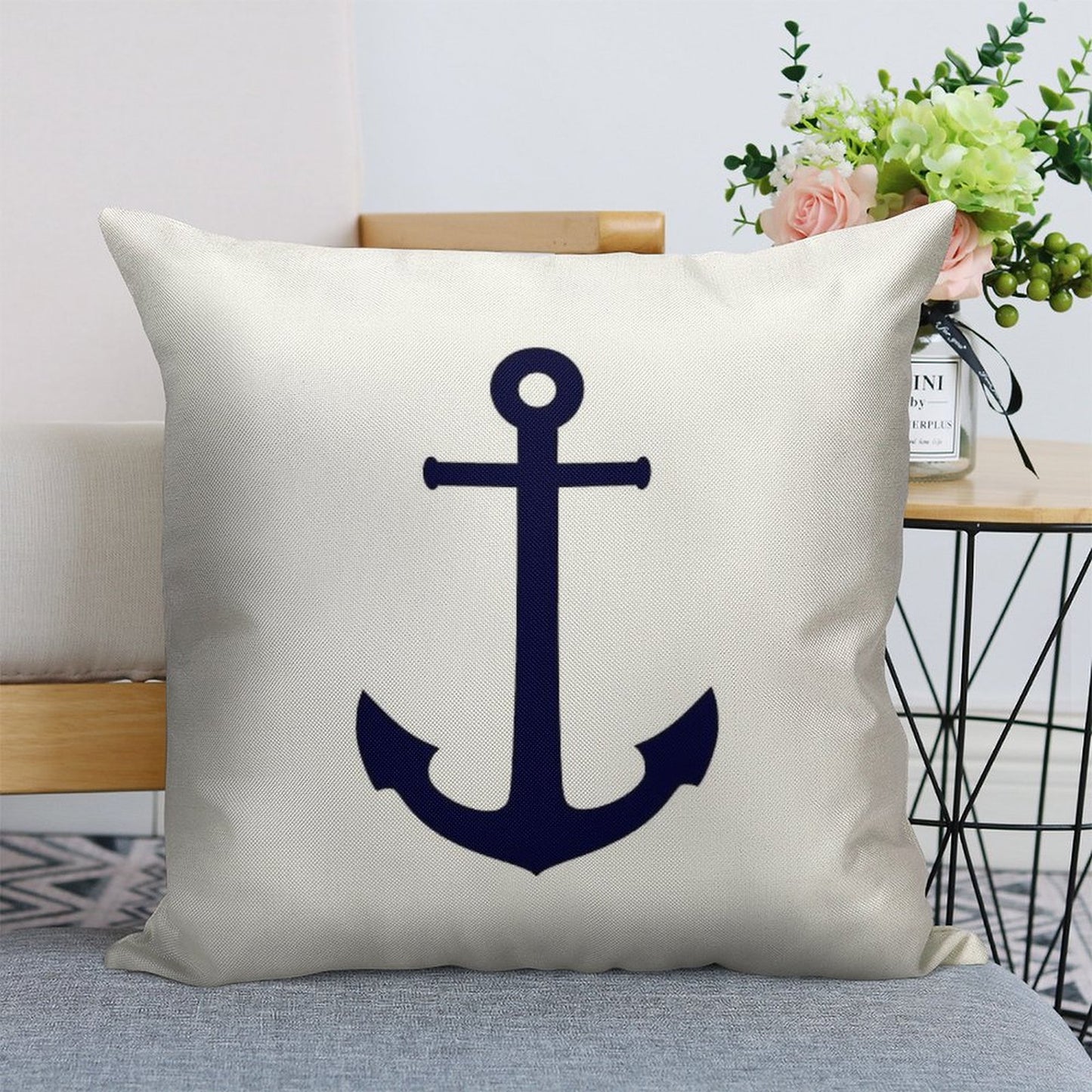 Navy Blue Anchor On White Linen Throw Pillow Cover