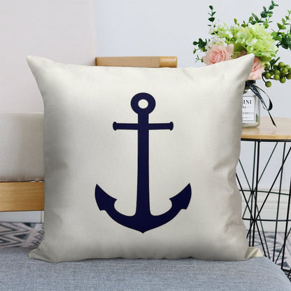 Navy Blue Anchor On White Linen Throw Pillow Cover