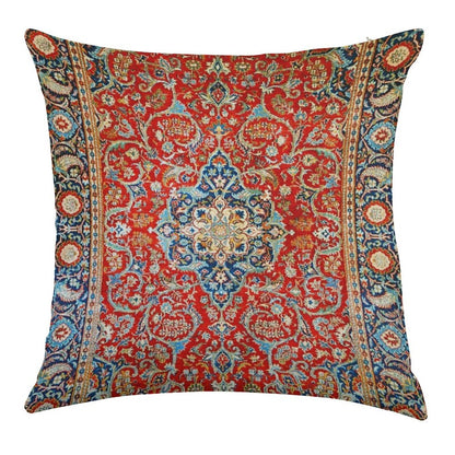 Red Blue Antique Floral Persian Carpet Print Linen Throw Pillow Cover