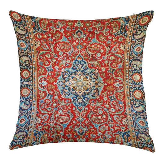 Red Blue Antique Floral Persian Carpet Print Linen Throw Pillow Cover