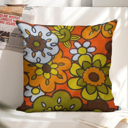 Retro Cool Mid Century Floral Fabric Design in Avocado Green, Harvest Gold, Brown, And Orange Linen Throw Pillow Cover