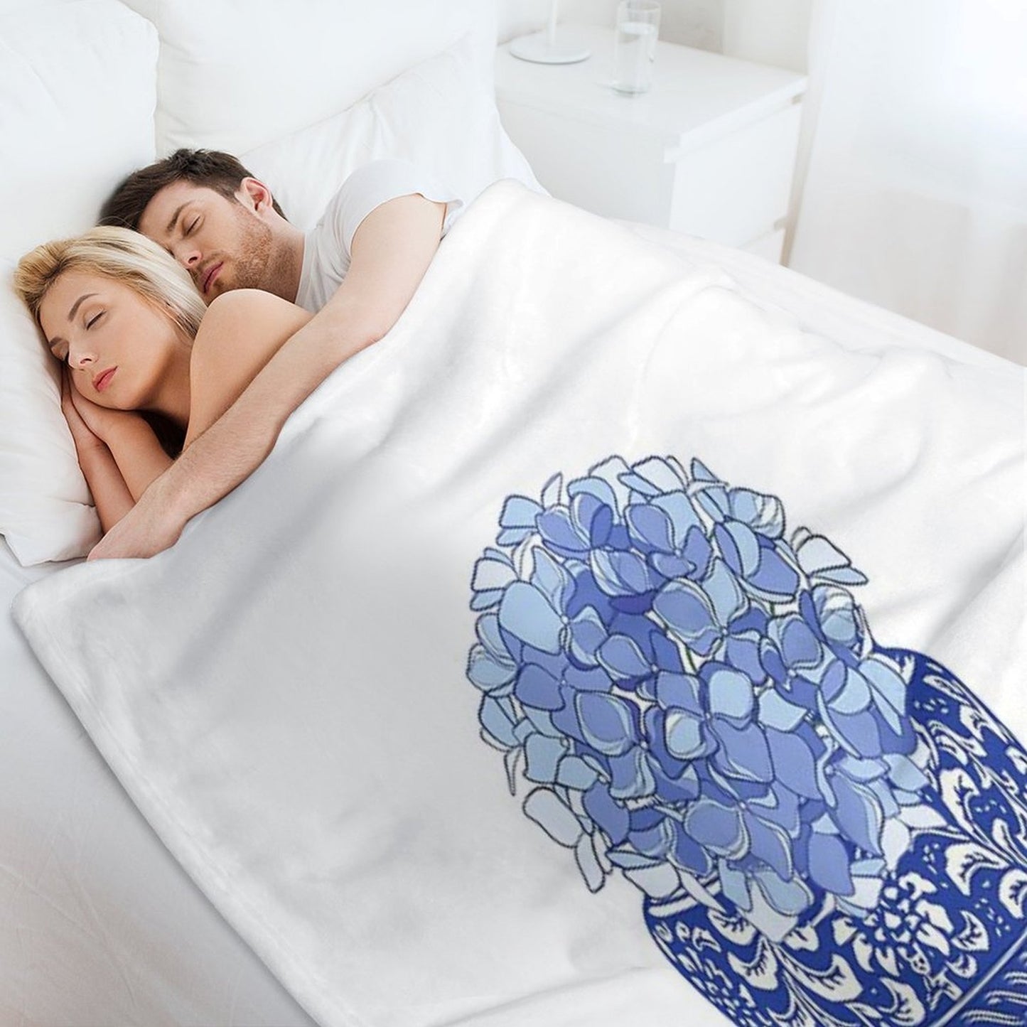 Blue And White Vase with Blue Hydrangeas Throw Blanket