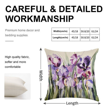 Purple Iris Art Watercolor Linen Throw Pillow Cover
