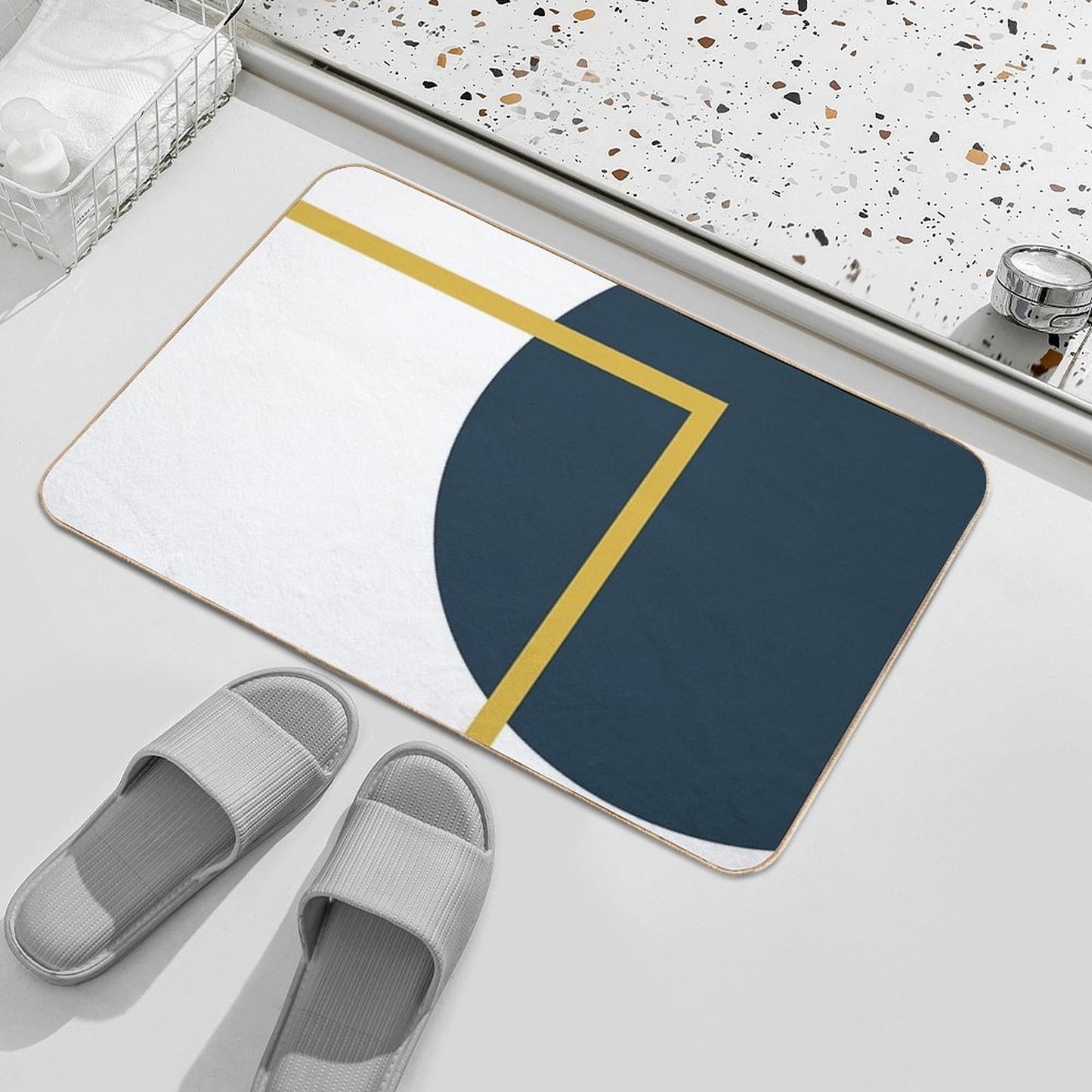 Abstract Geometric Minimalist Navy Blue, Light Mustard Yellow, And White Bath Mat