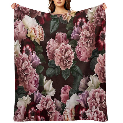 Vintage Bouquets of Pink Lush Peonies, Purple Tulips, Roses And Dark Red Anemones. Throw Blanket
