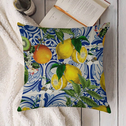 Mediterranean Lemon on Blue Ceramic Tiles Linen Throw Pillow Cover