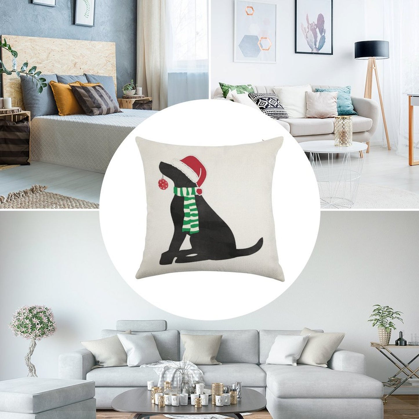 Christmas Black Lab Holiday Dog Linen Throw Pillow Cover