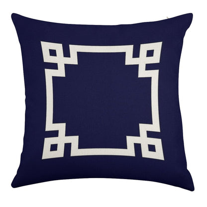 Greek Key Square White On Navy Blue Linen Throw Pillow Cover