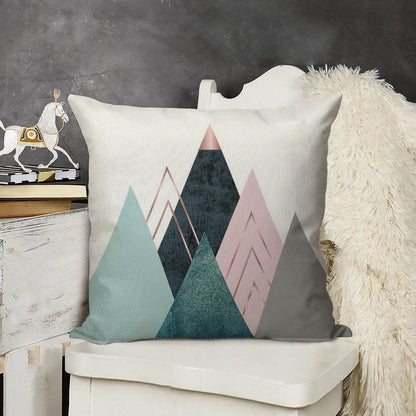 Abstract Minimalist Mountain - Pink, Teal And Blue Linen Throw Pillow Cover