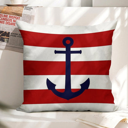 Nautical Navy Blue Anchor On Red Stripes Linen Throw Pillow Cover
