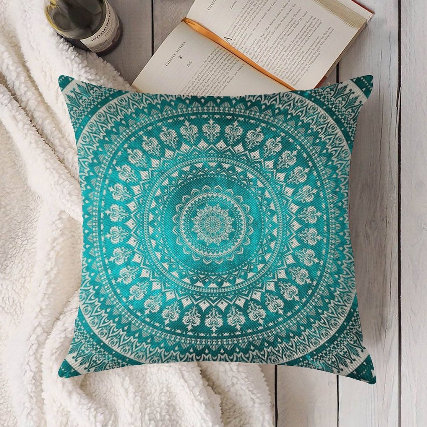 Mandala Turquoise Linen Throw Pillow Cover