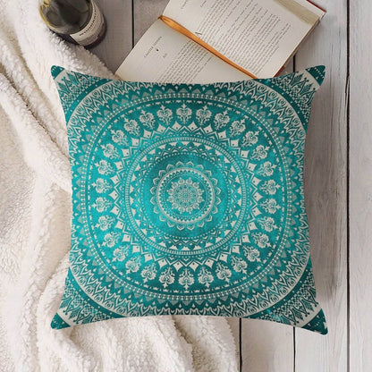 Mandala Turquoise Linen Throw Pillow Cover