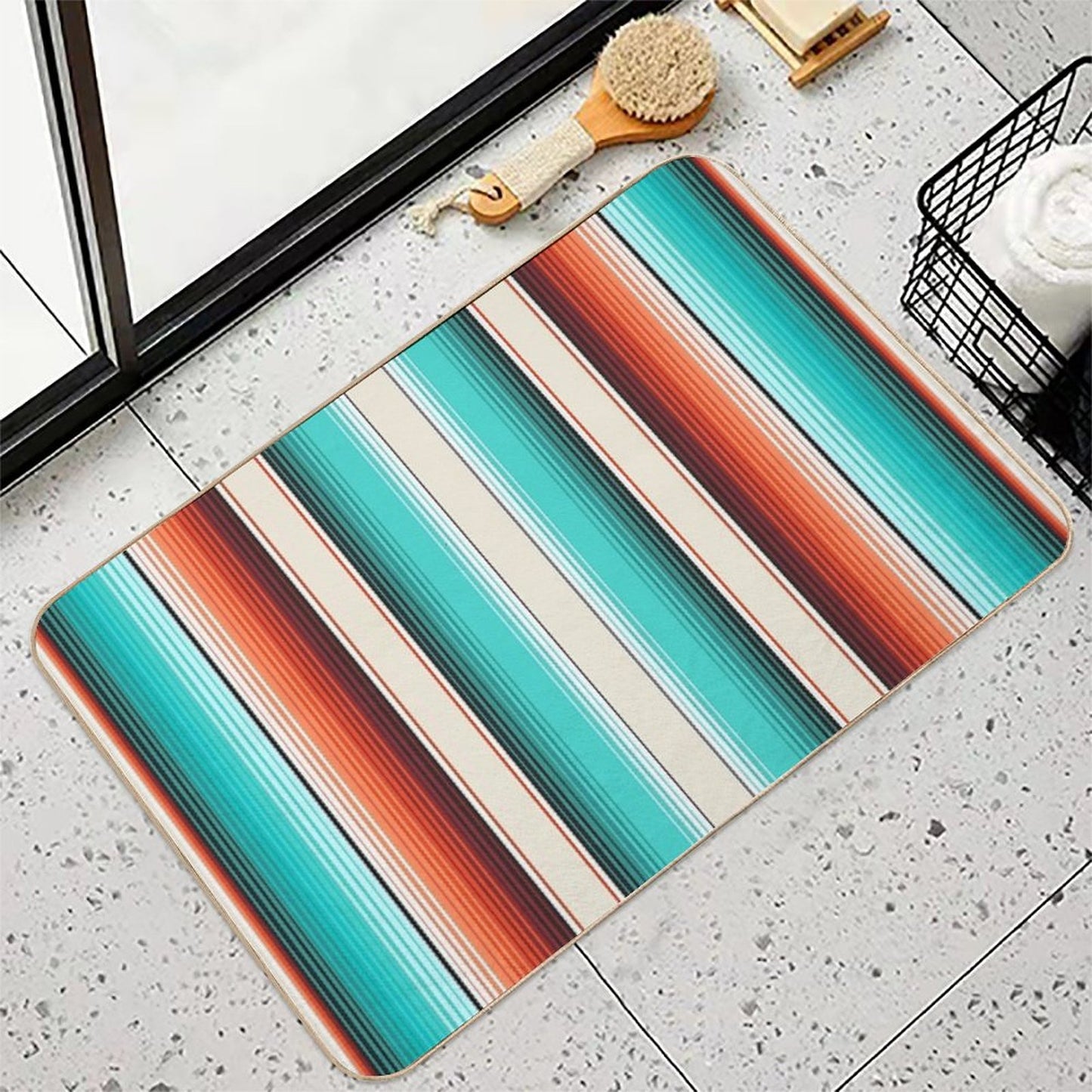 Navajo White, Turquoise And Burnt Orange Southwest Serape Blanket Stripes Bath Mat