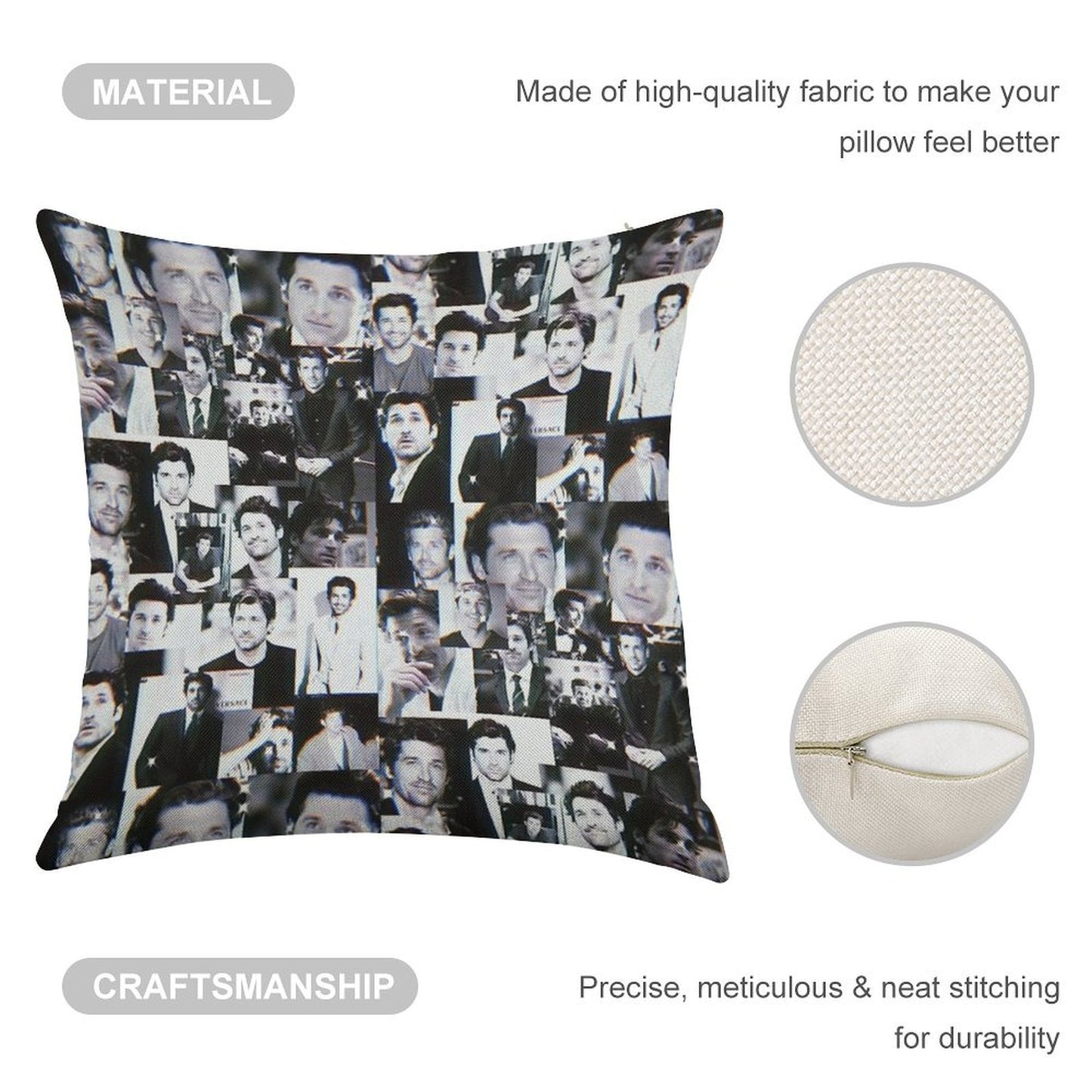 Patrick Dempsey Collage Linen Throw Pillow Cover