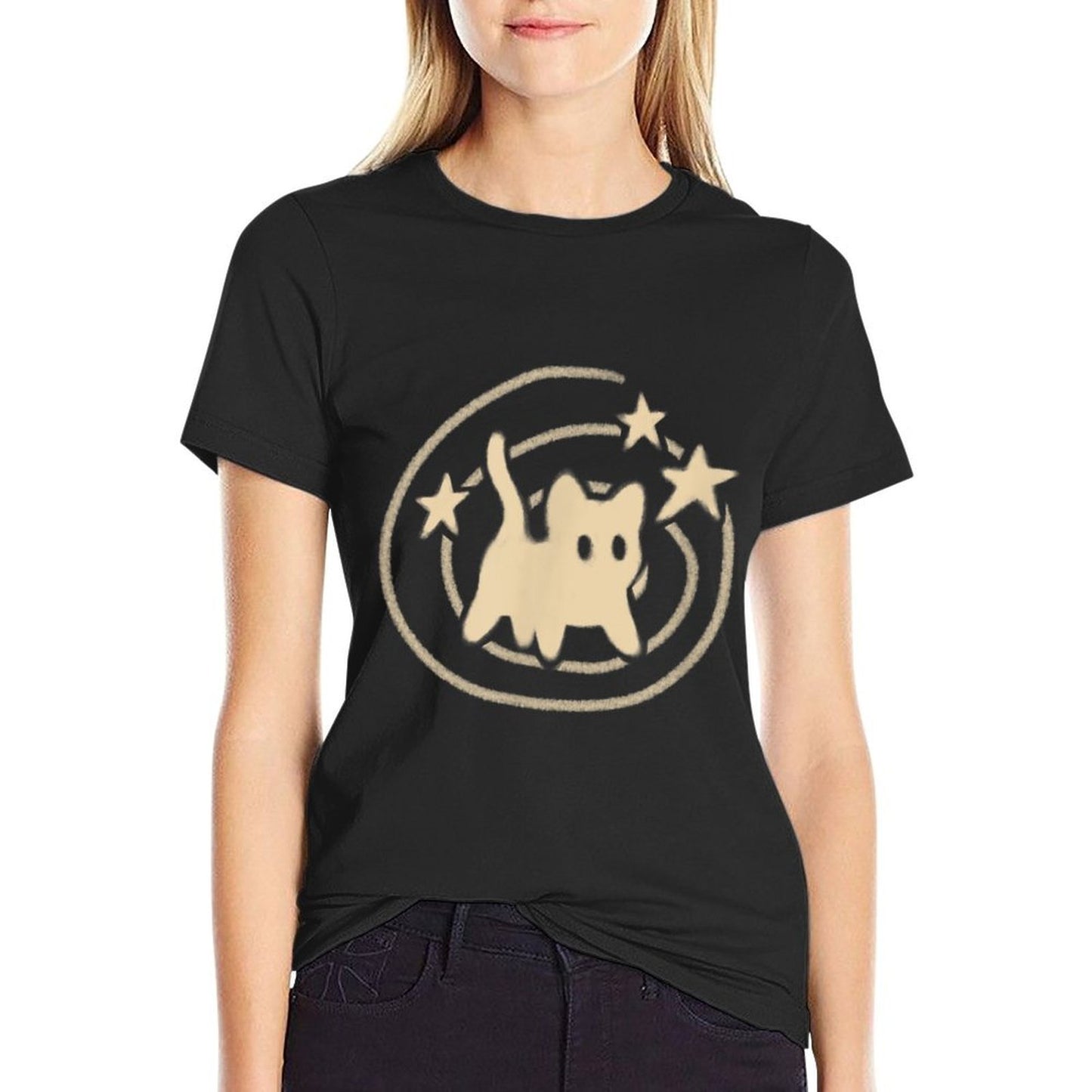 90s Y2K Scary Tomcat Cat Is Scared Under Starry Tail  Graphic-printed T-Shirt